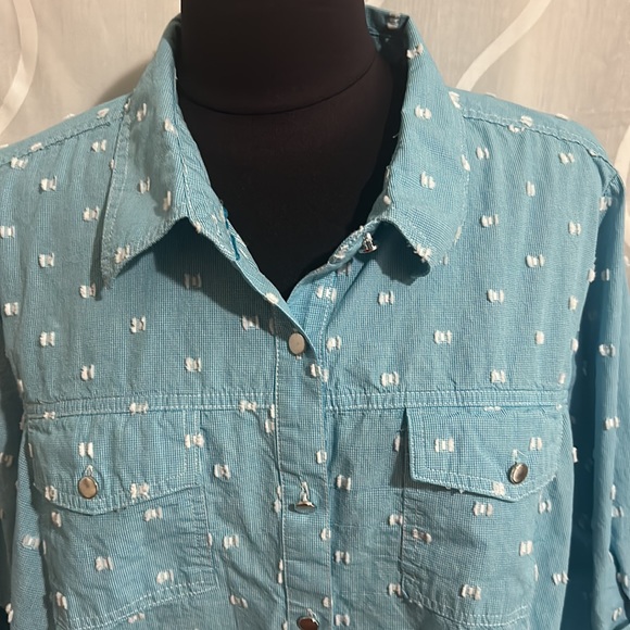 CJ Banks, Blue & White, Button Down Top With Roll Tab Sleeves, Size 1X - Picture 2 of 7